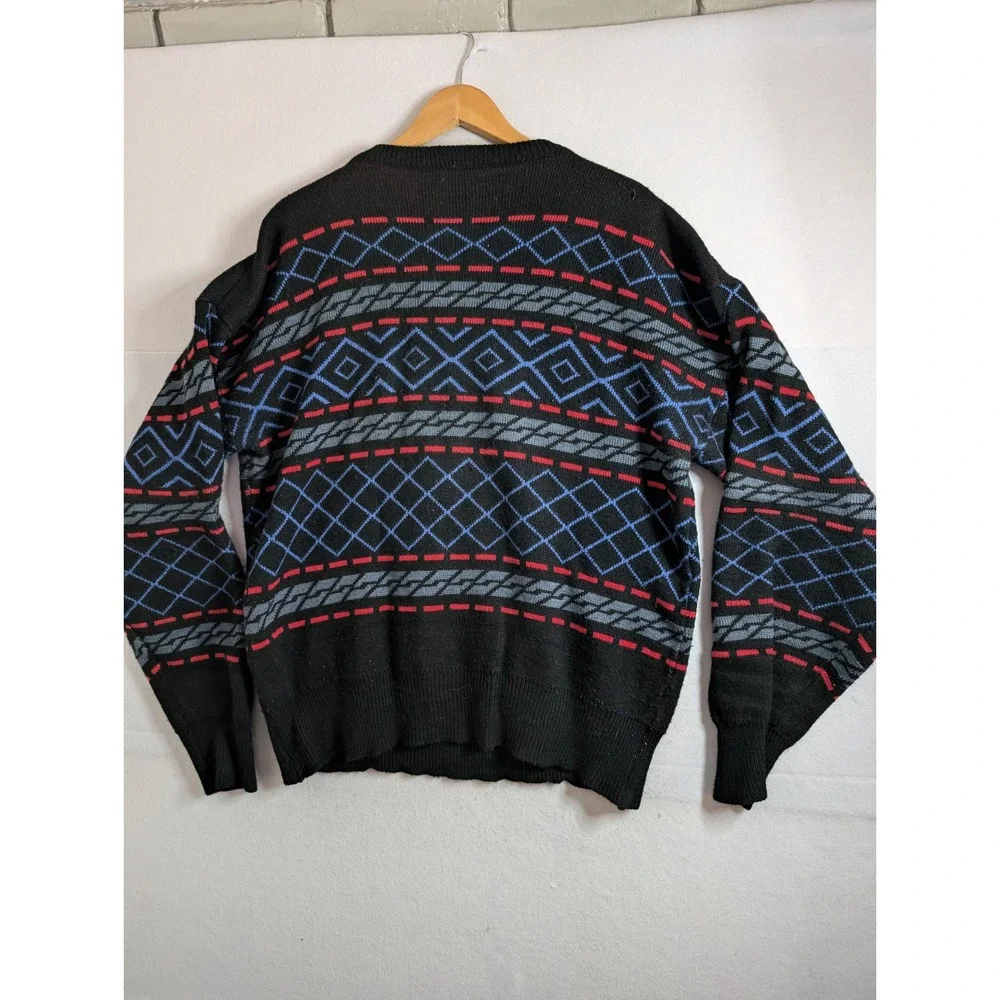 Vintage Meister Wool Sweater XL Black Red Blue Geometric Fair Isle Knit Crewneck